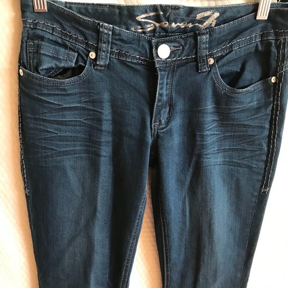 SEVEN7 WOMEN JEANS SZ JR 27" SLIM BOOT CUT STRETCH EMBELISHED POCKET EUC - Picture 5 of 11